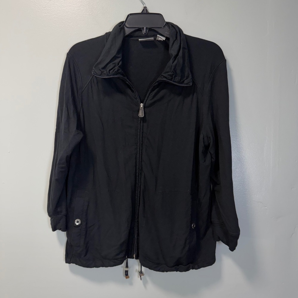 Zenergy by Chicos Black Full Zip Ruched Sleeve Track Jacket Size 1